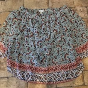 Knox Rose Teal Burgundy Floral Print Blouse Sz M Medium Off Shoulder